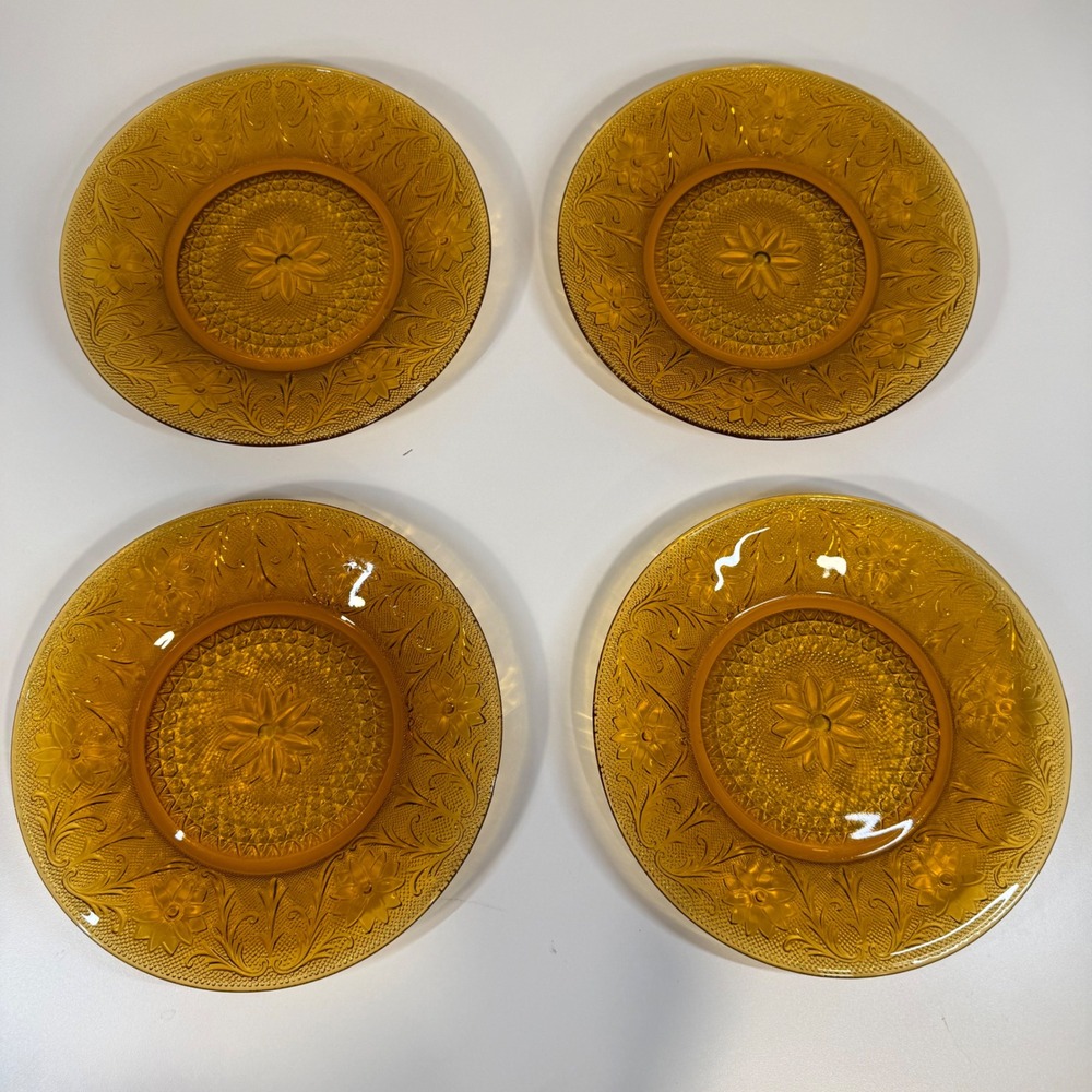 Indiana Glass Tiara Sandwich Amber Dinner Plates Set of 4 Vintage 10.25"